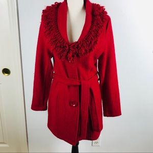 CYNTHIA ROWLEY RED 100WOOL FRINGE COLLAR COAT